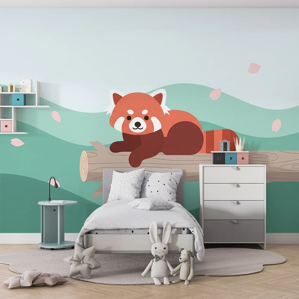 Dětská tapeta | Klidný rudý panda na větvi s třešňovými květy