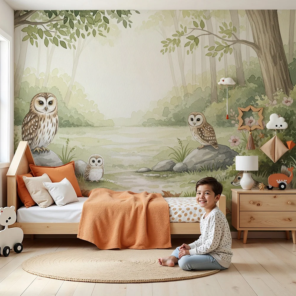 Dětská tapeta | Kouzelný les s sovami zvířaty