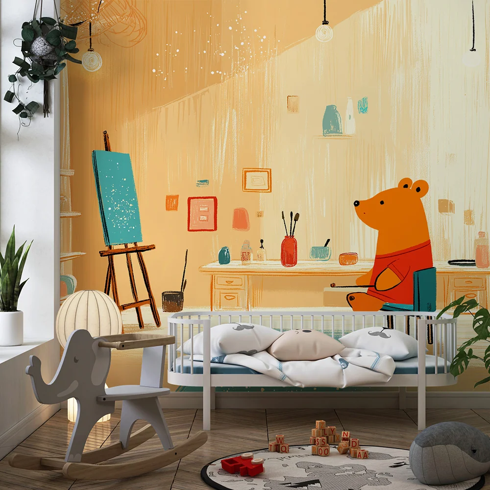 Dětská tapeta | Kreativní medvěd v barevné dílně