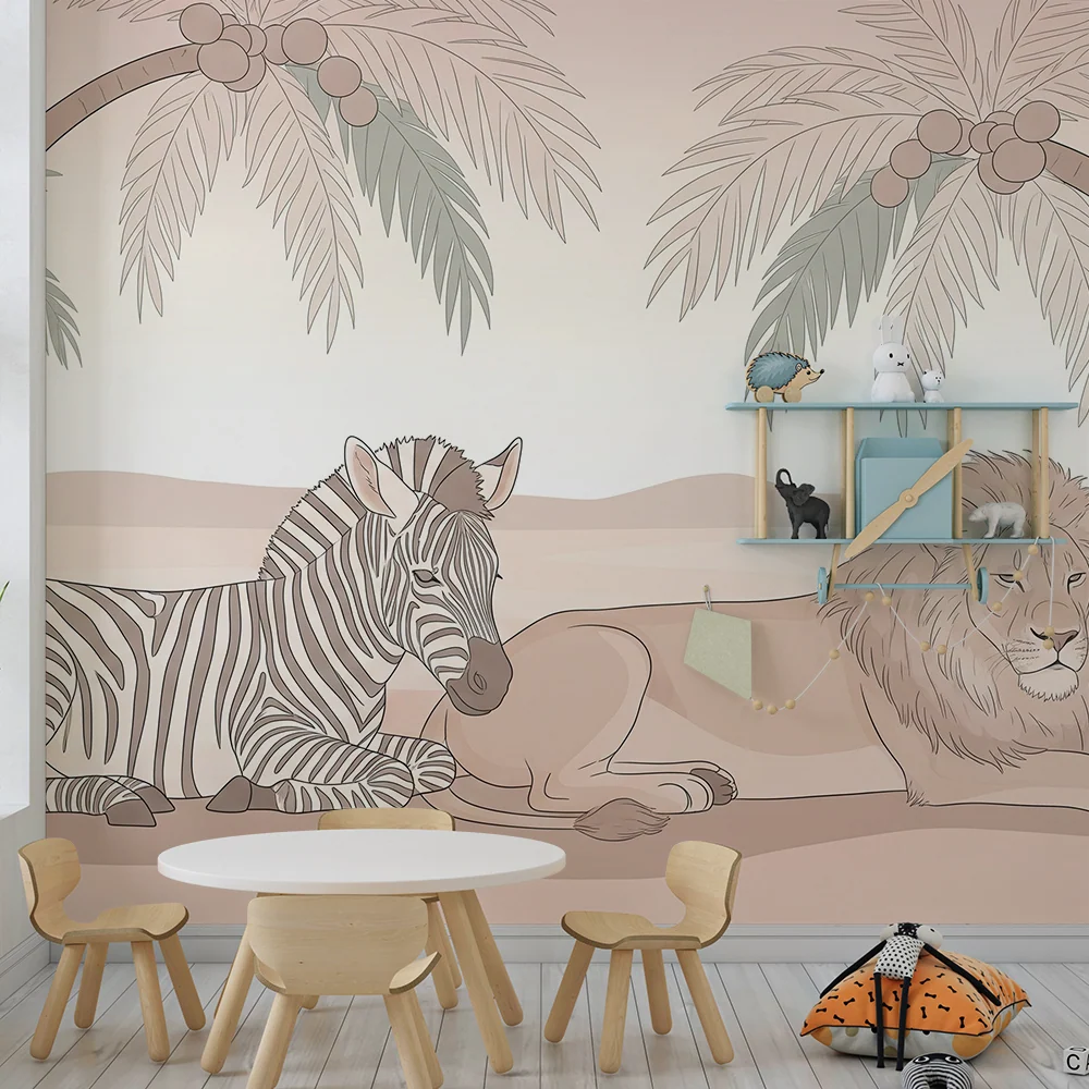 Dětská tapeta | Lev zebra pod palmami v uklidňujícím prostředí