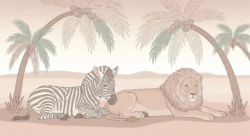 Dětská tapeta | Lev zebra pod palmami v uklidňujícím prostředí