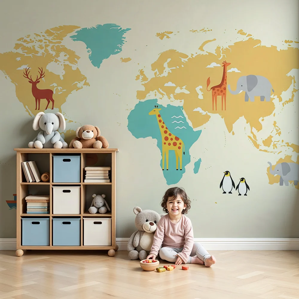 Dětská tapeta | Žlutá modrá mapa světa s zvířaty