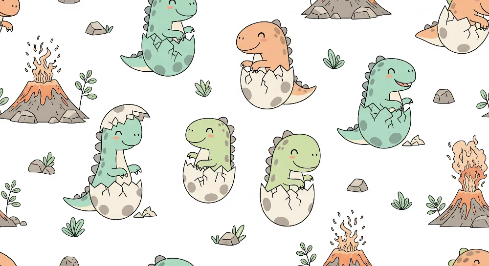 Dětská tapeta | Malí dinosauři barevné sopky v hravém prostředí