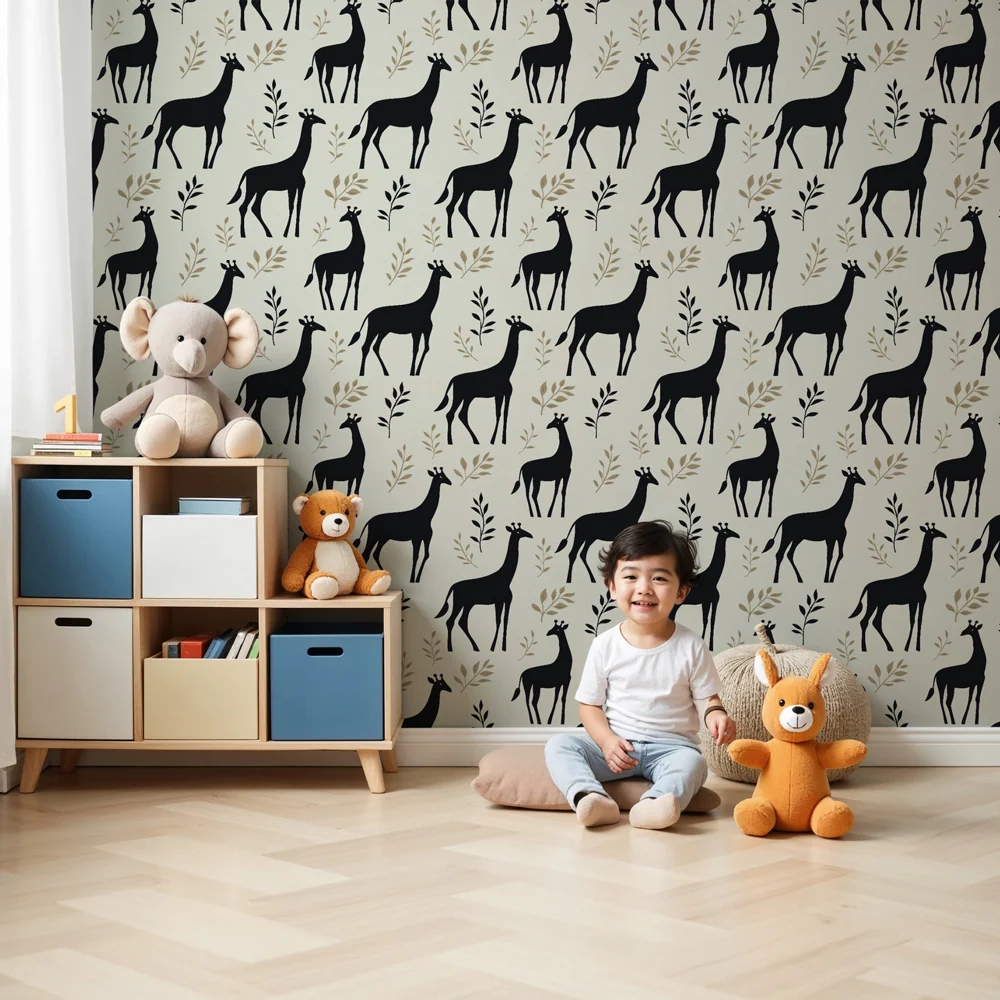 Dětská tapeta s motivy | Elegantní žirafy jemné listí