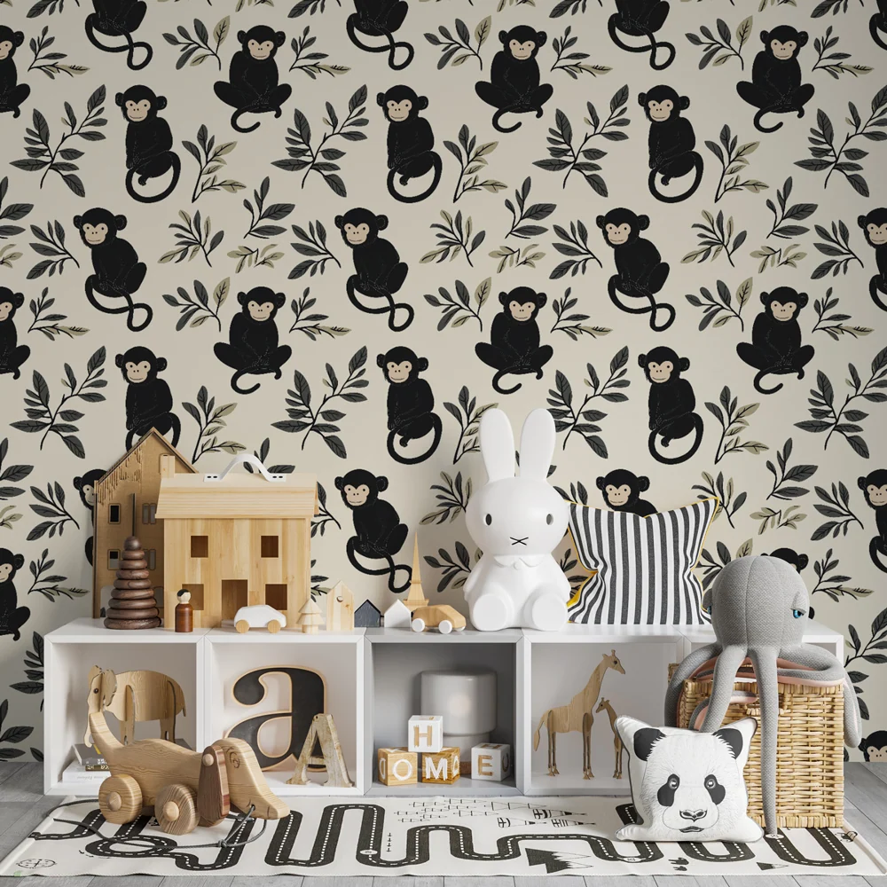 Dětská tapeta s motivy | Hraví opice uprostřed jemných listů