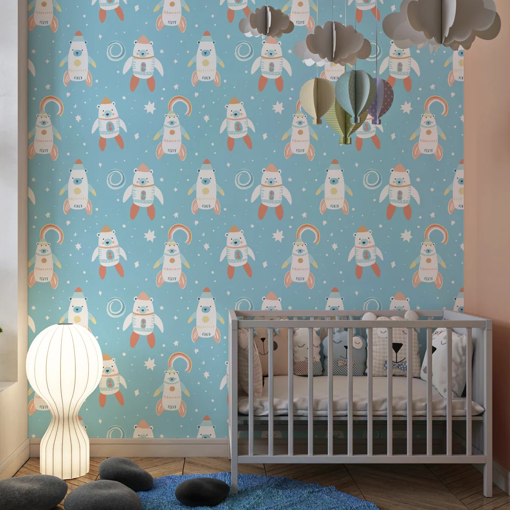 Dětská tapeta s motivy | Kosmonauti medvědi na modrém pozadí