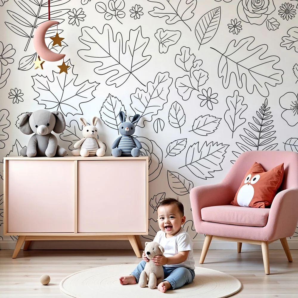 Dětská tapeta | Motivy listů květů v jemných obrysech