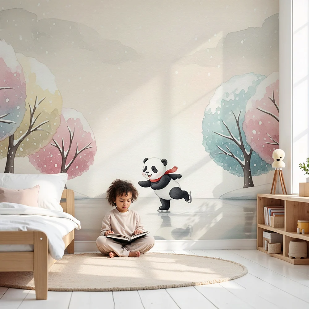 Dětská tapeta | Panda bruslař pod zimní oblohou
