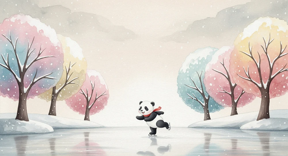 Dětská tapeta | Panda bruslař pod zimní oblohou