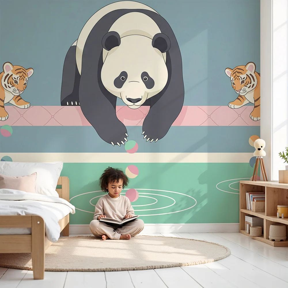 Dětská tapeta | Panda hráči tygrů u vody