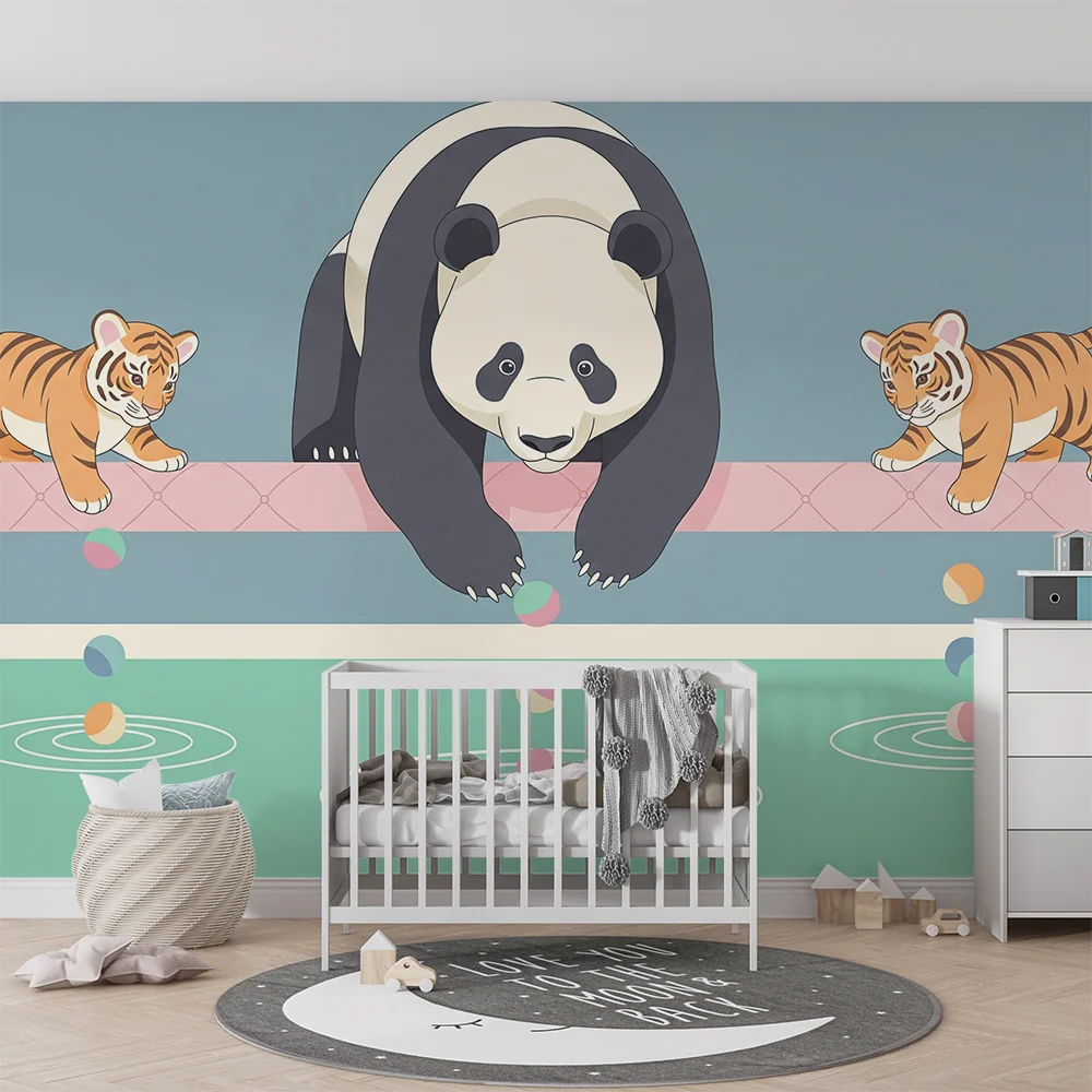 Dětská tapeta | Panda hráči tygrů u vody