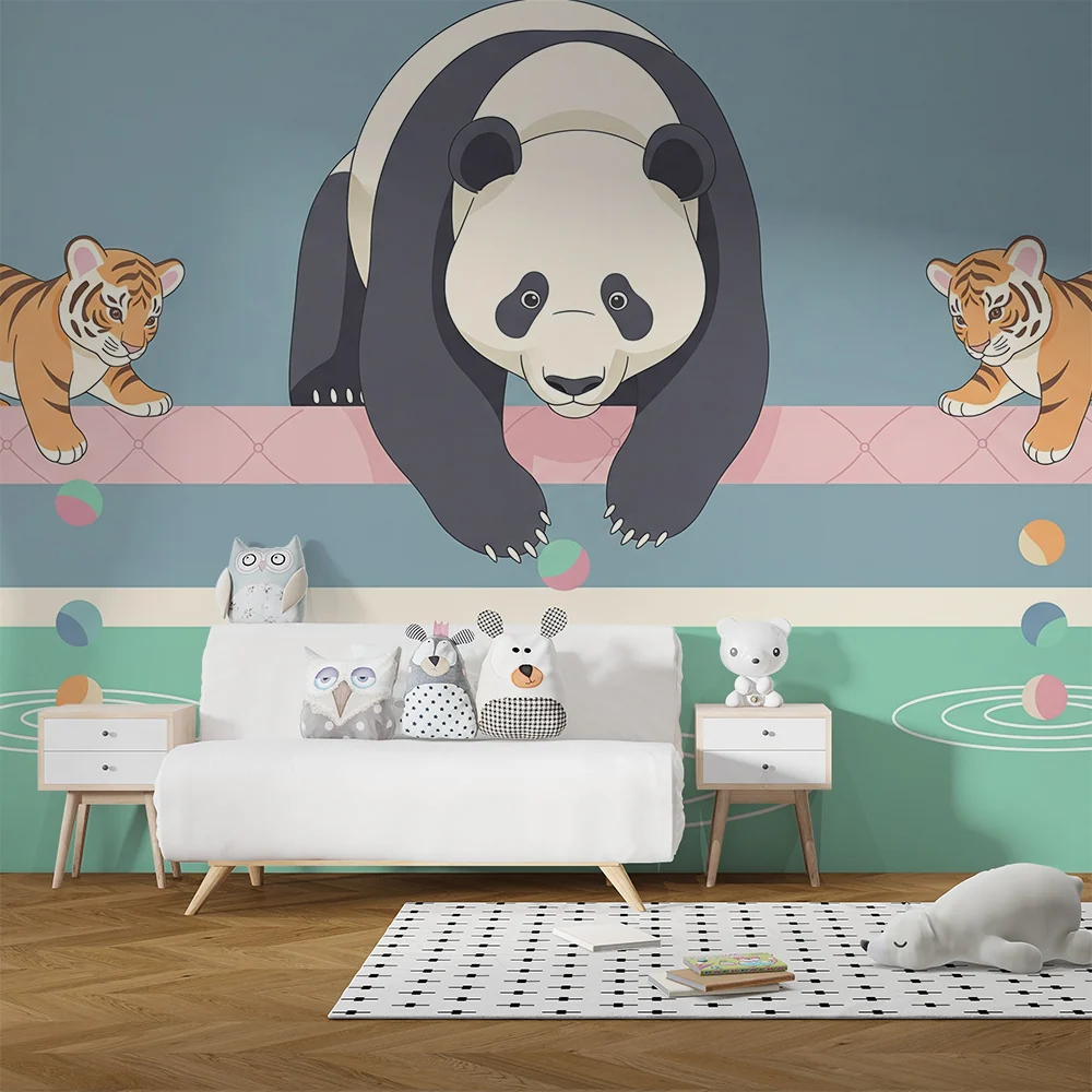 Dětská tapeta | Panda hráči tygrů u vody