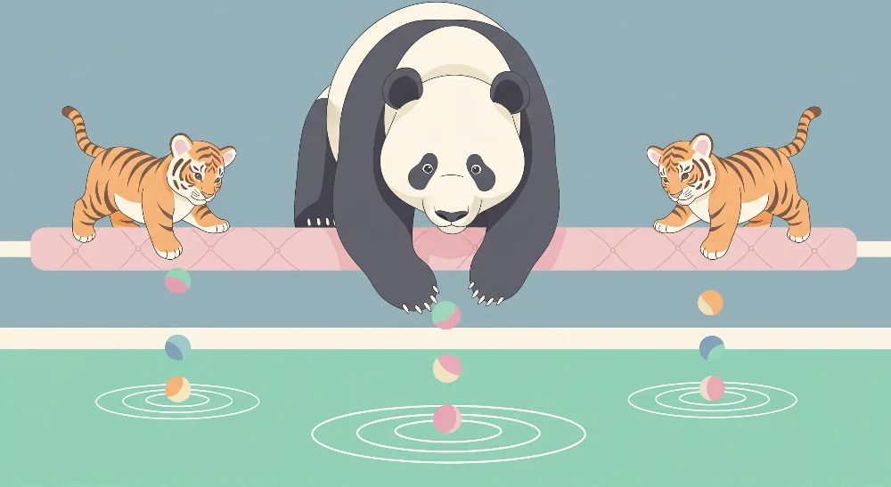 Dětská tapeta | Panda hráči tygrů u vody
