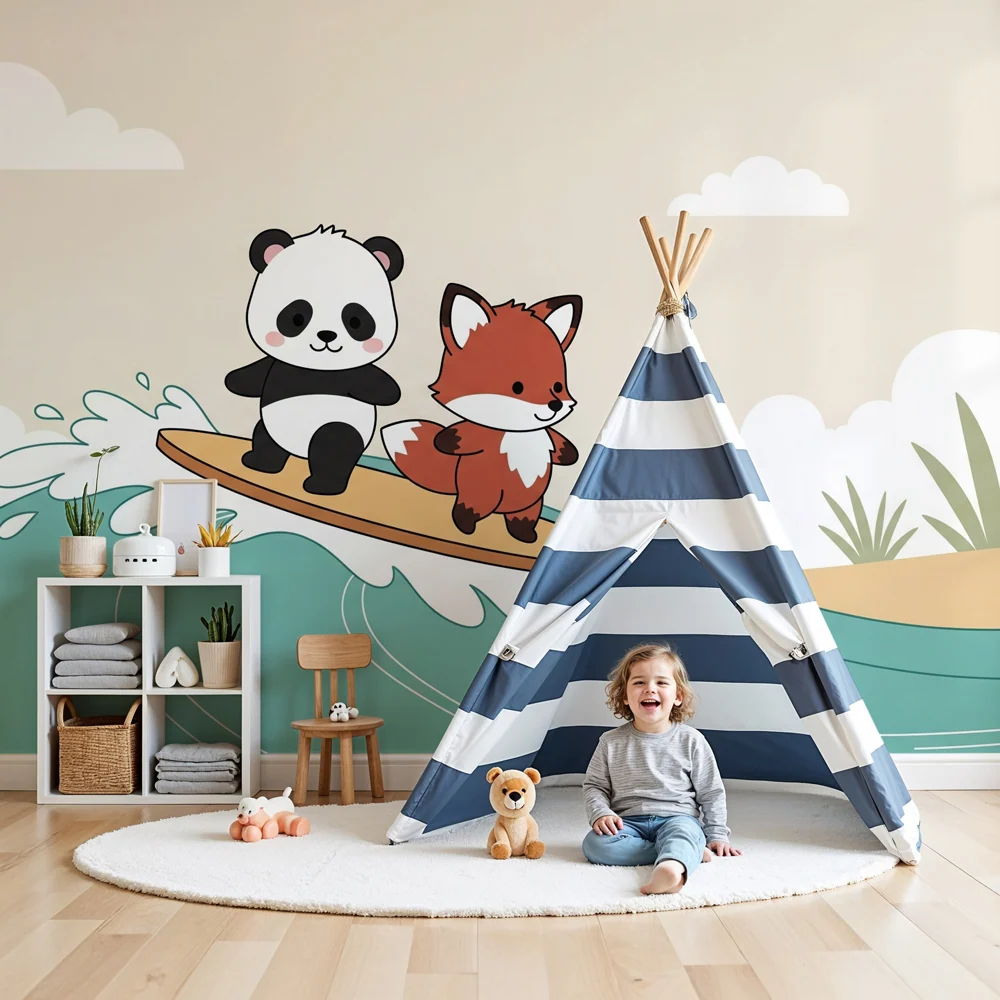 Dětská tapeta | Panda liška na vlnách