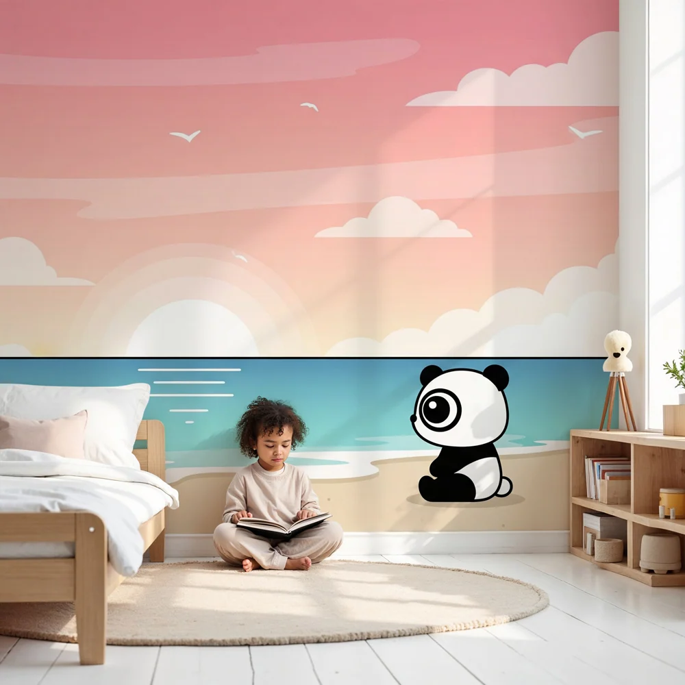 Dětská tapeta | Panda na pláži při západu slunce