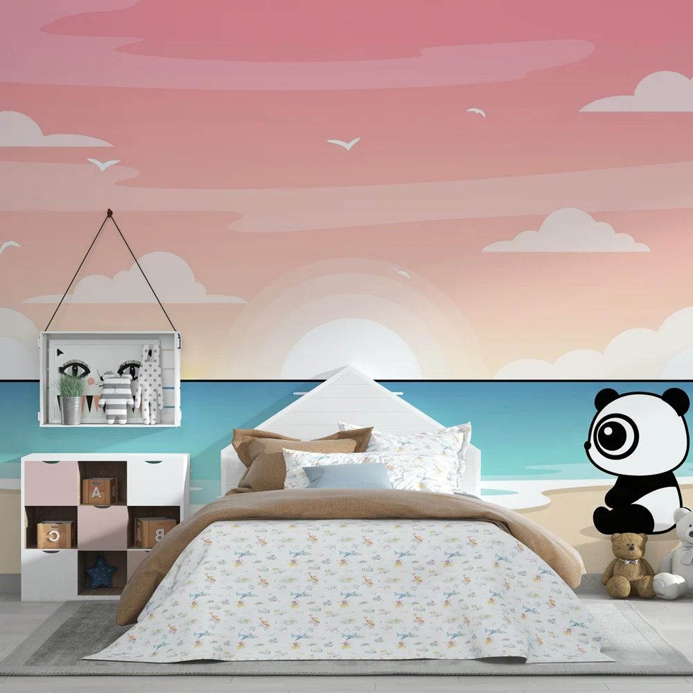 Dětská tapeta | Panda na pláži při západu slunce