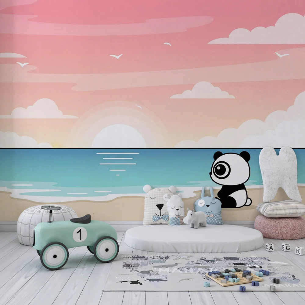 Dětská tapeta | Panda na pláži při západu slunce