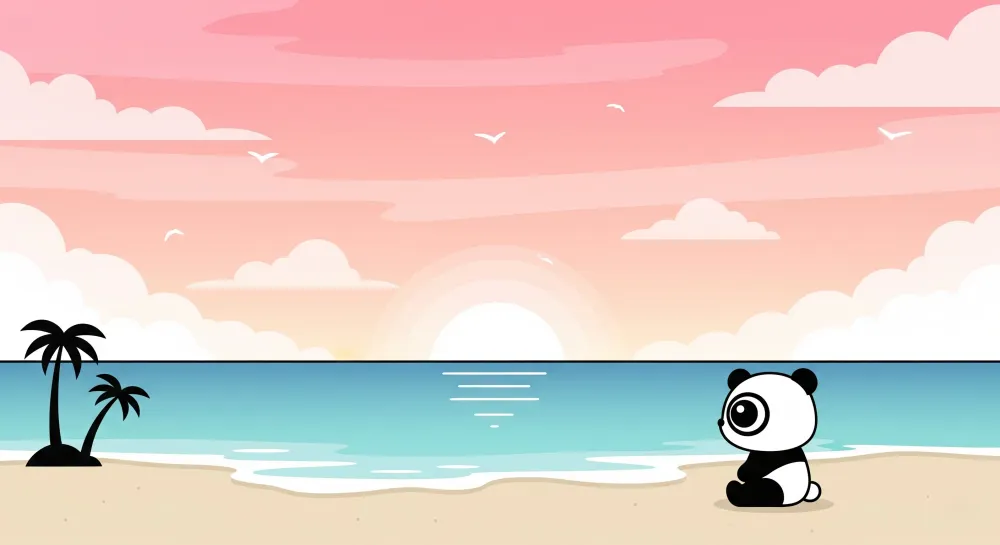 Dětská tapeta | Panda na pláži při západu slunce
