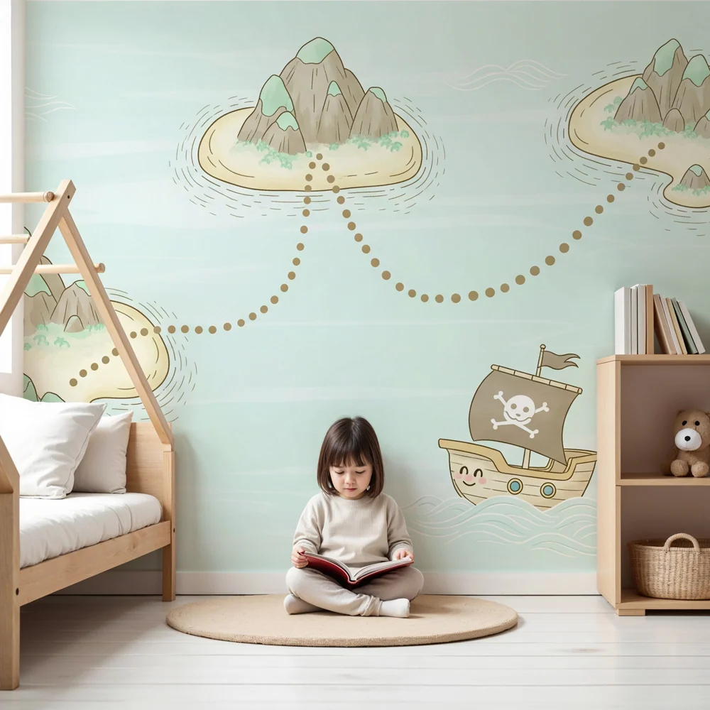 Dětská tapeta | Pokladová mapa s pirátskou lodí