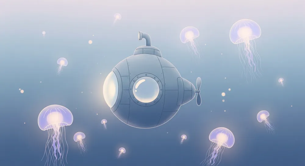 Dětská tapeta | Ponorka průzkumník světélkující medúzy v klidném oceánu