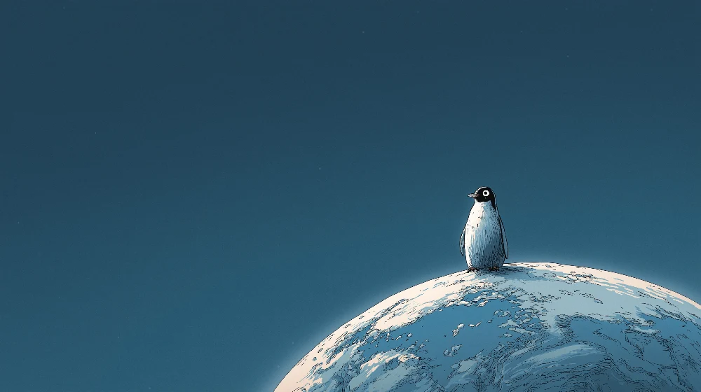 Dětská tapeta | Průzkumník tučňák na modrém planetě