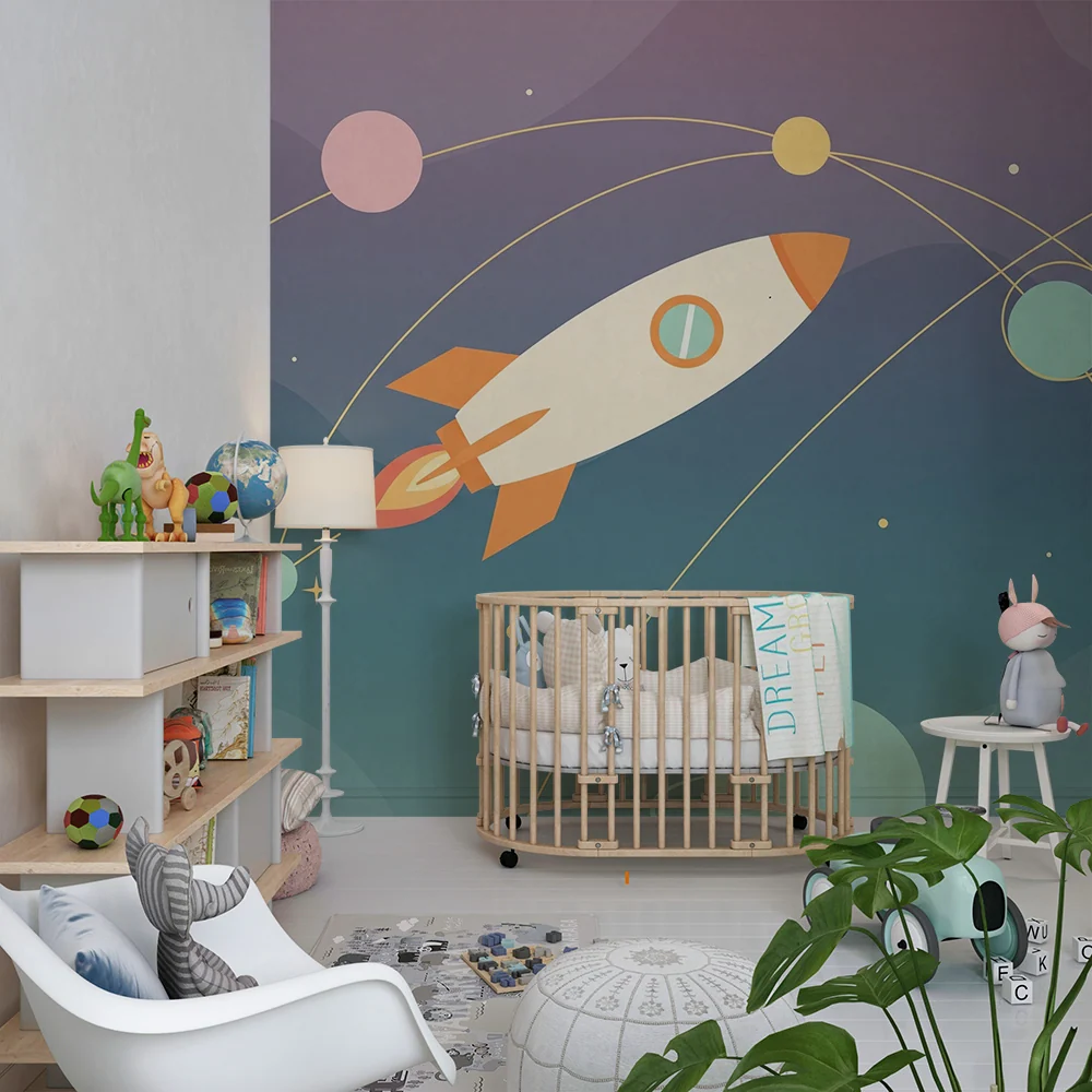 Dětská tapeta | Raketa planety v jemném vesmírném prostředí