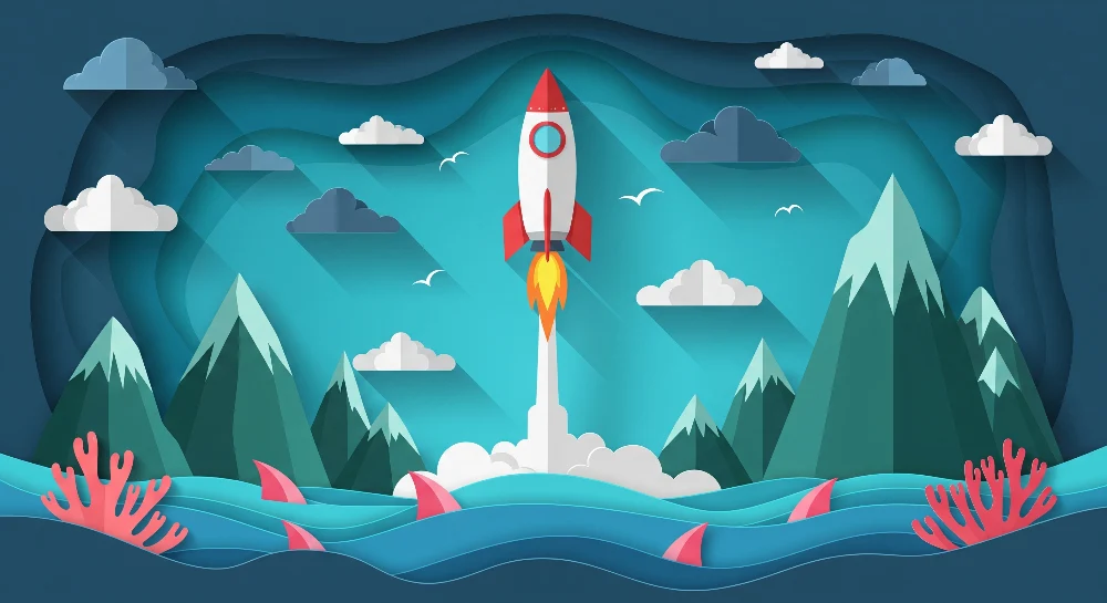 Dětská tapeta | Raketa startující uprostřed hor vln