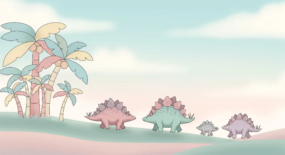 Dětská tapeta | Rozkošní dinosauři pod barevnými palmami