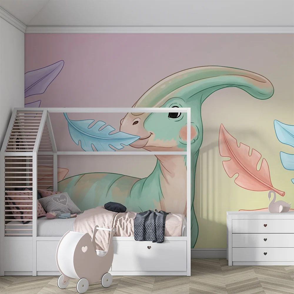 Dětská tapeta | Rozkošný dinosaurus s barevnými listy