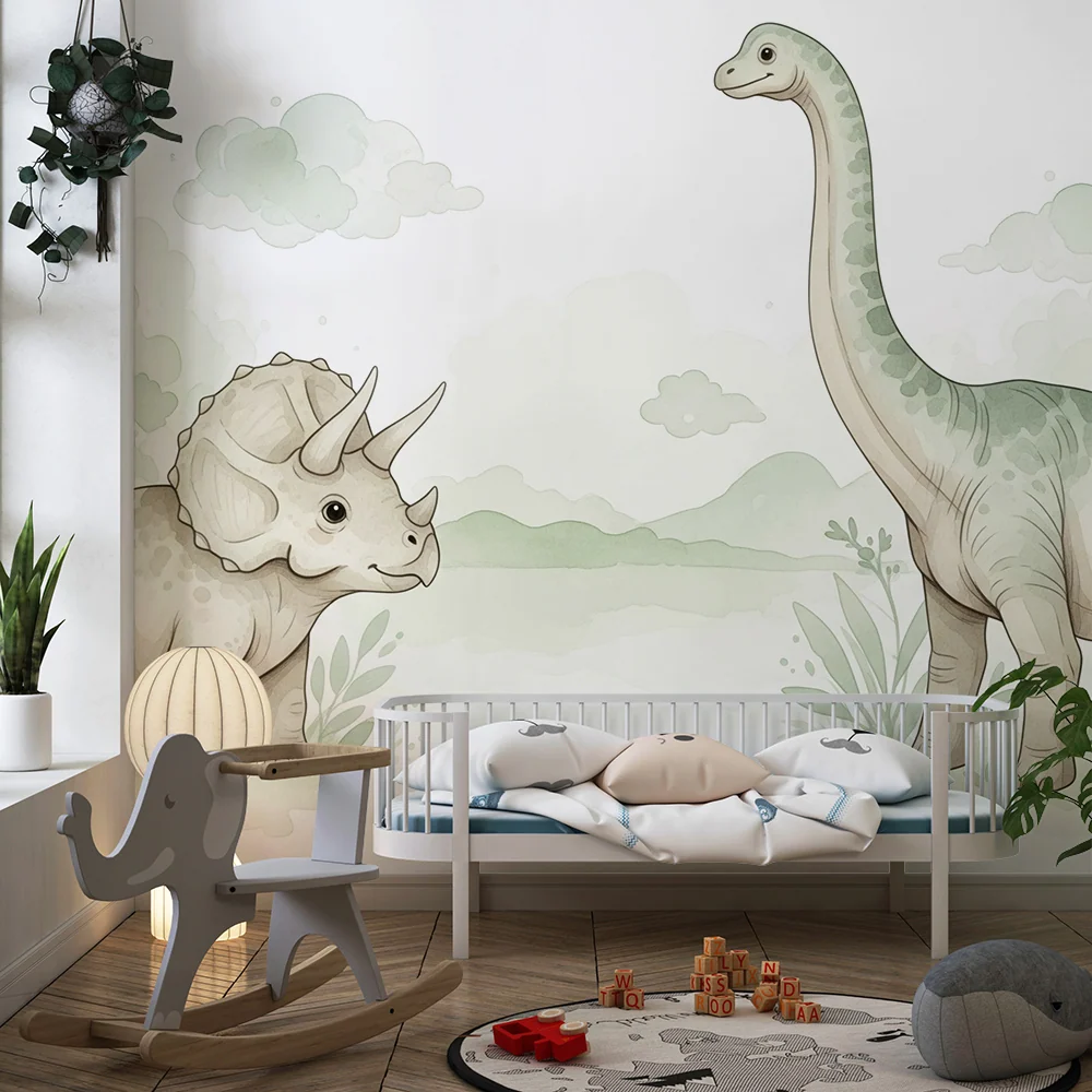 Dětská tapeta | Rozkošný dinosaurus s triceratopem brachiosauřím v jemné krajinné.