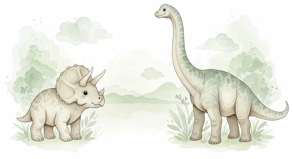 Dětská tapeta | Rozkošný dinosaurus s triceratopem brachiosauřím v jemné krajinné.