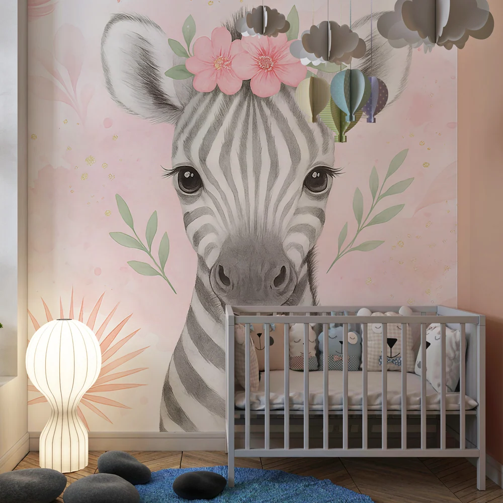 Dětská tapeta | Rozkošná zebra pastelové květiny