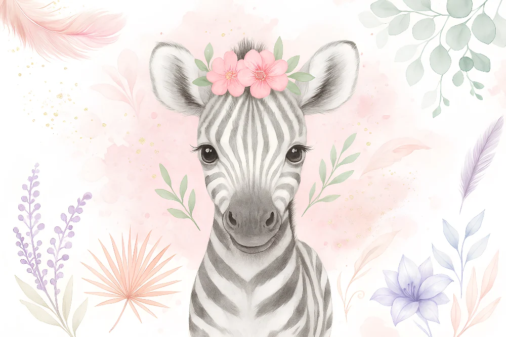 Dětská tapeta | Rozkošná zebra pastelové květiny