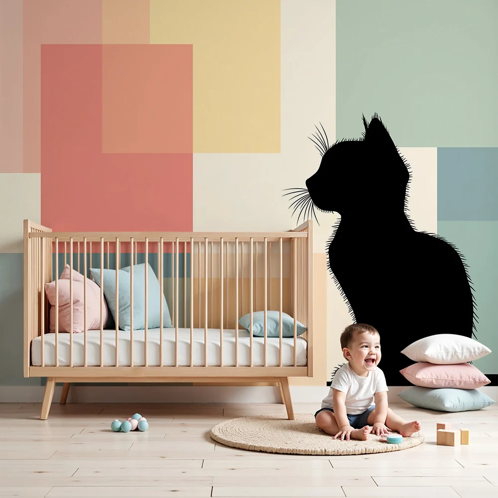 Dětská tapeta | Silueta kočky na barevném geometrickém pozadí