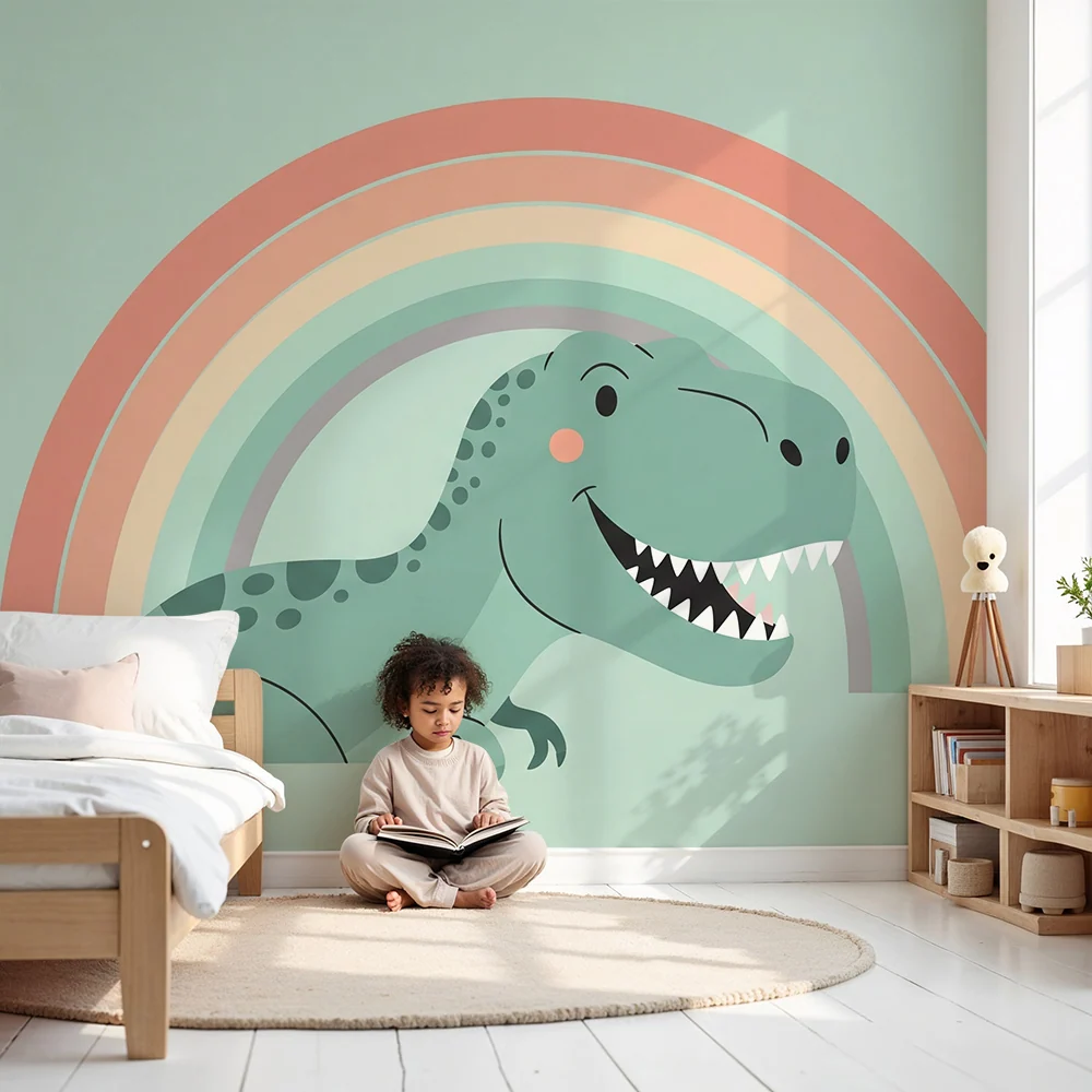 Dětská tapeta | Úsměv dinosaura pod pastelovým duhou