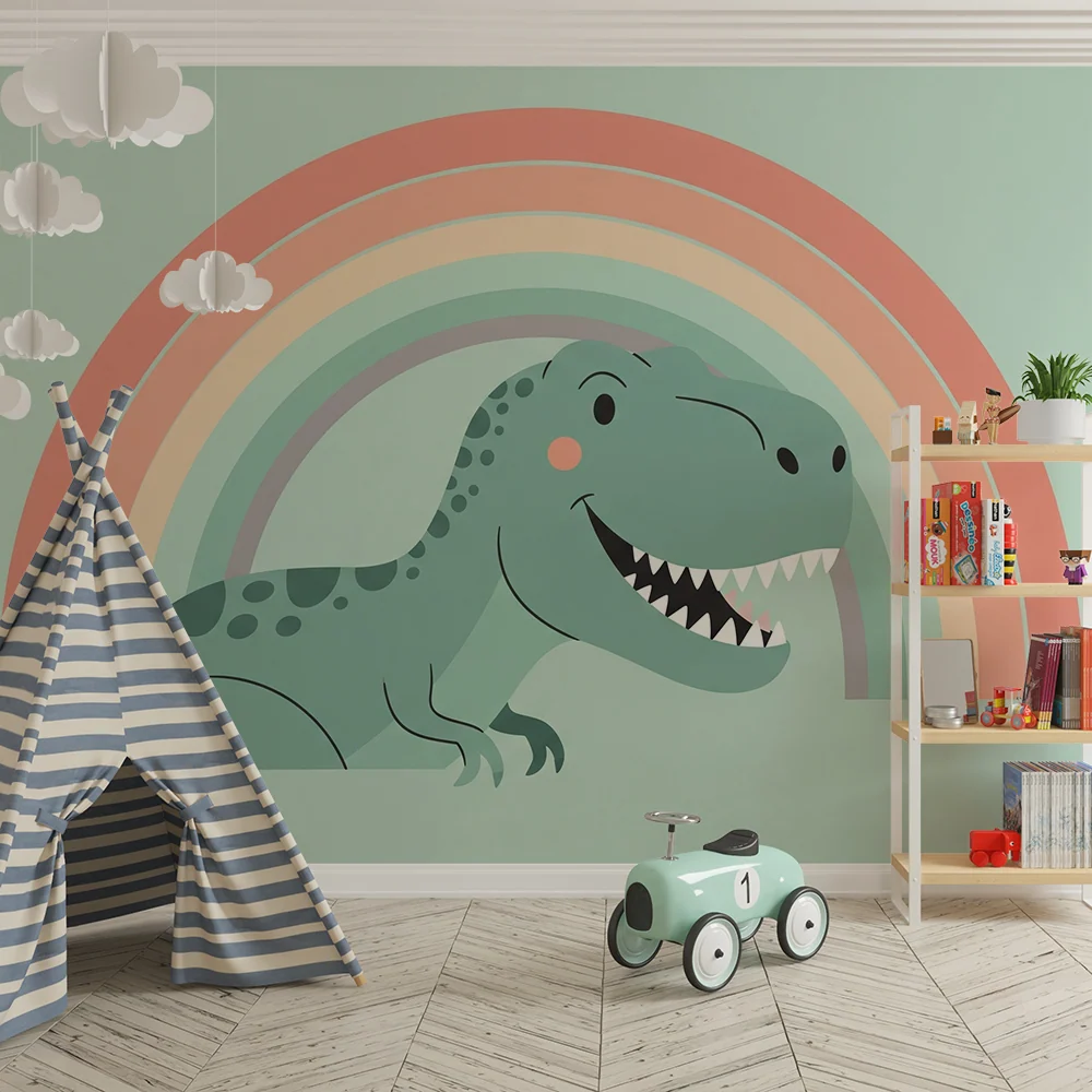 Dětská tapeta | Úsměv dinosaura pod pastelovým duhou