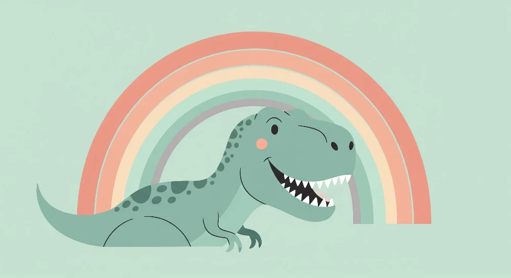 Dětská tapeta | Úsměv dinosaura pod pastelovým duhou