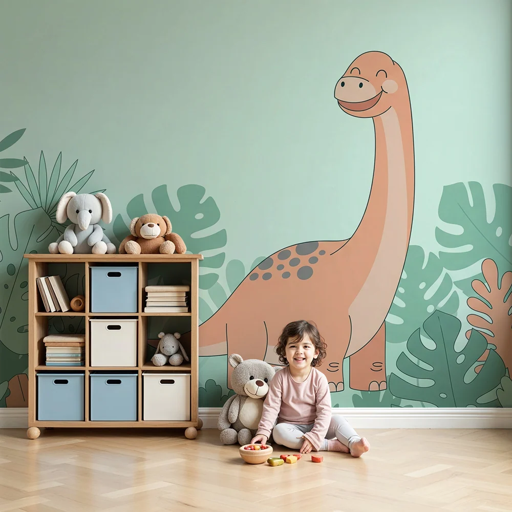 Dětská tapeta | Úsměvavý dinosaurus uprostřed tropického listí