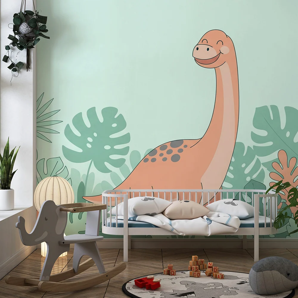 Dětská tapeta | Úsměvavý dinosaurus uprostřed tropického listí