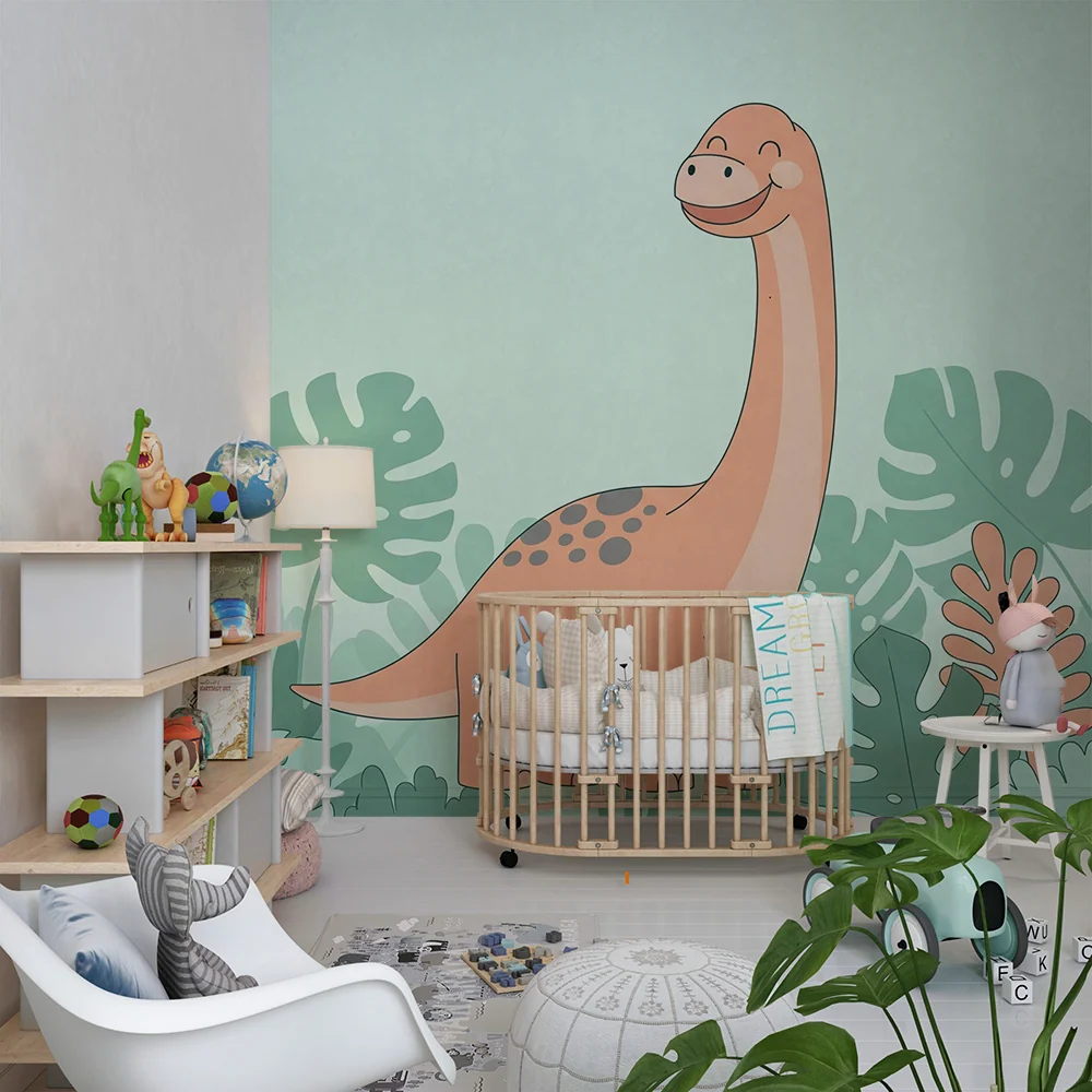 Dětská tapeta | Úsměvavý dinosaurus uprostřed tropického listí