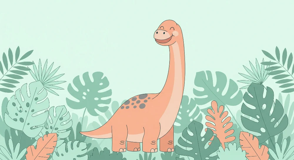 Dětská tapeta | Úsměvavý dinosaurus uprostřed tropického listí