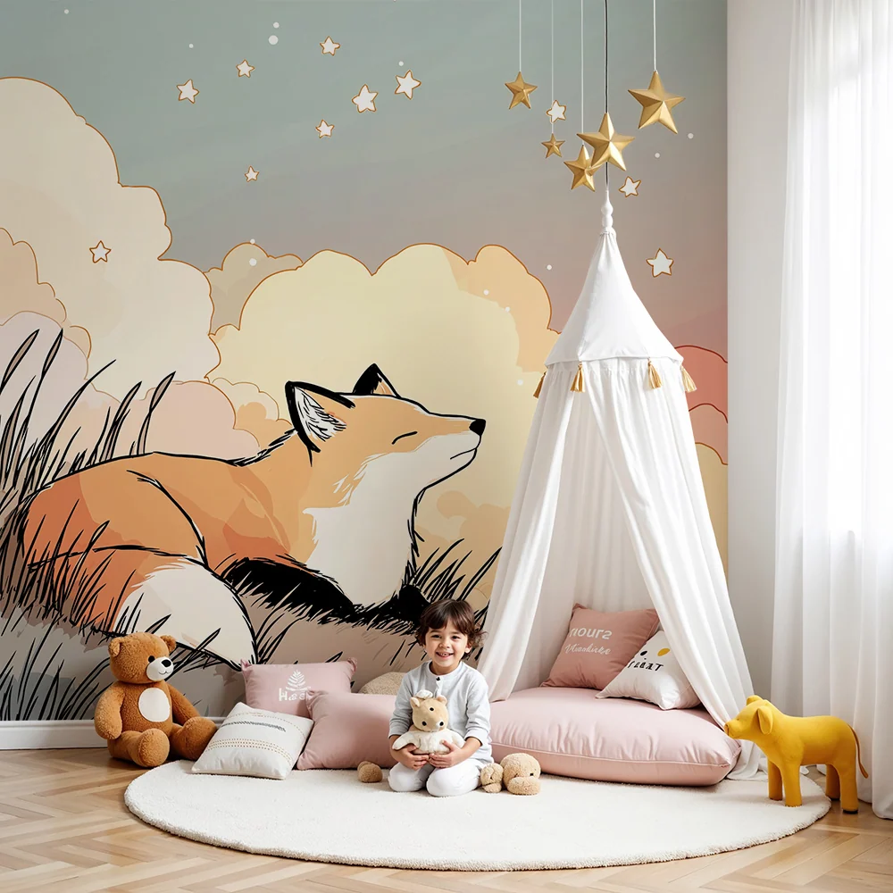 Dětská tapeta | Snící liška pod hvězdnou oblohou