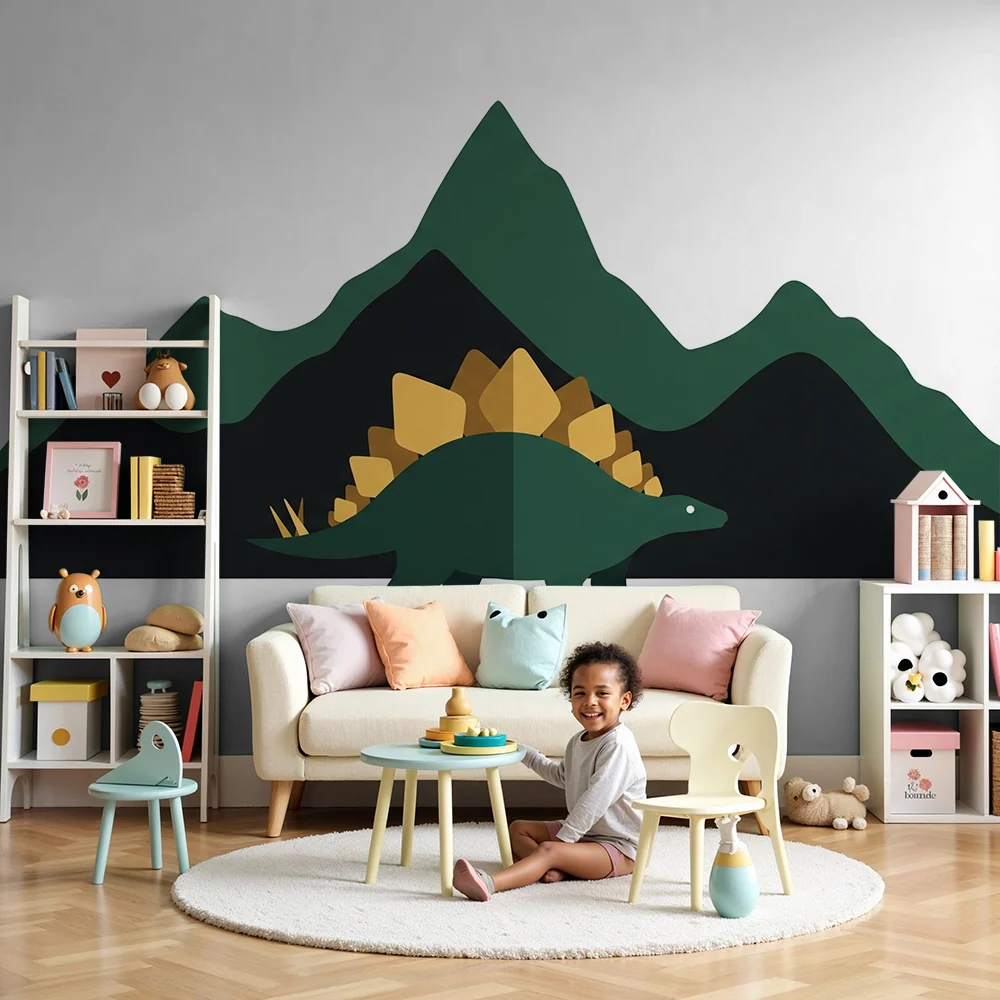 Dětská tapeta | Stylové stegosaurus dinosaura stylizované hory