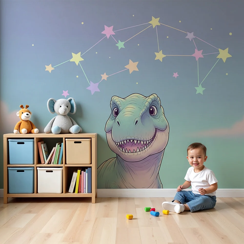 Dětská tapeta | Usmívající se dinosaurus pod pastelovou hvězdnou oblohou