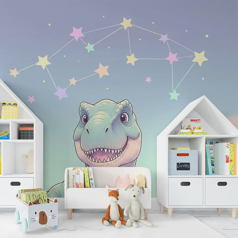 Dětská tapeta | Usmívající se dinosaurus pod pastelovou hvězdnou oblohou