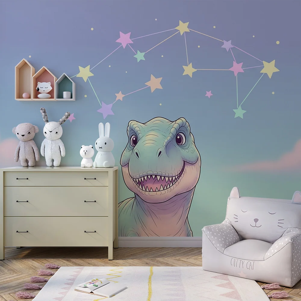 Dětská tapeta | Usmívající se dinosaurus pod pastelovou hvězdnou oblohou