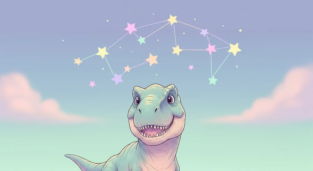 Dětská tapeta | Usmívající se dinosaurus pod pastelovou hvězdnou oblohou