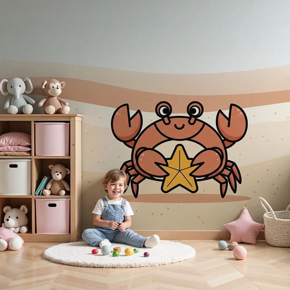 Dětská tapeta | Usmívající se krab s hvězdou mořskou na písku
