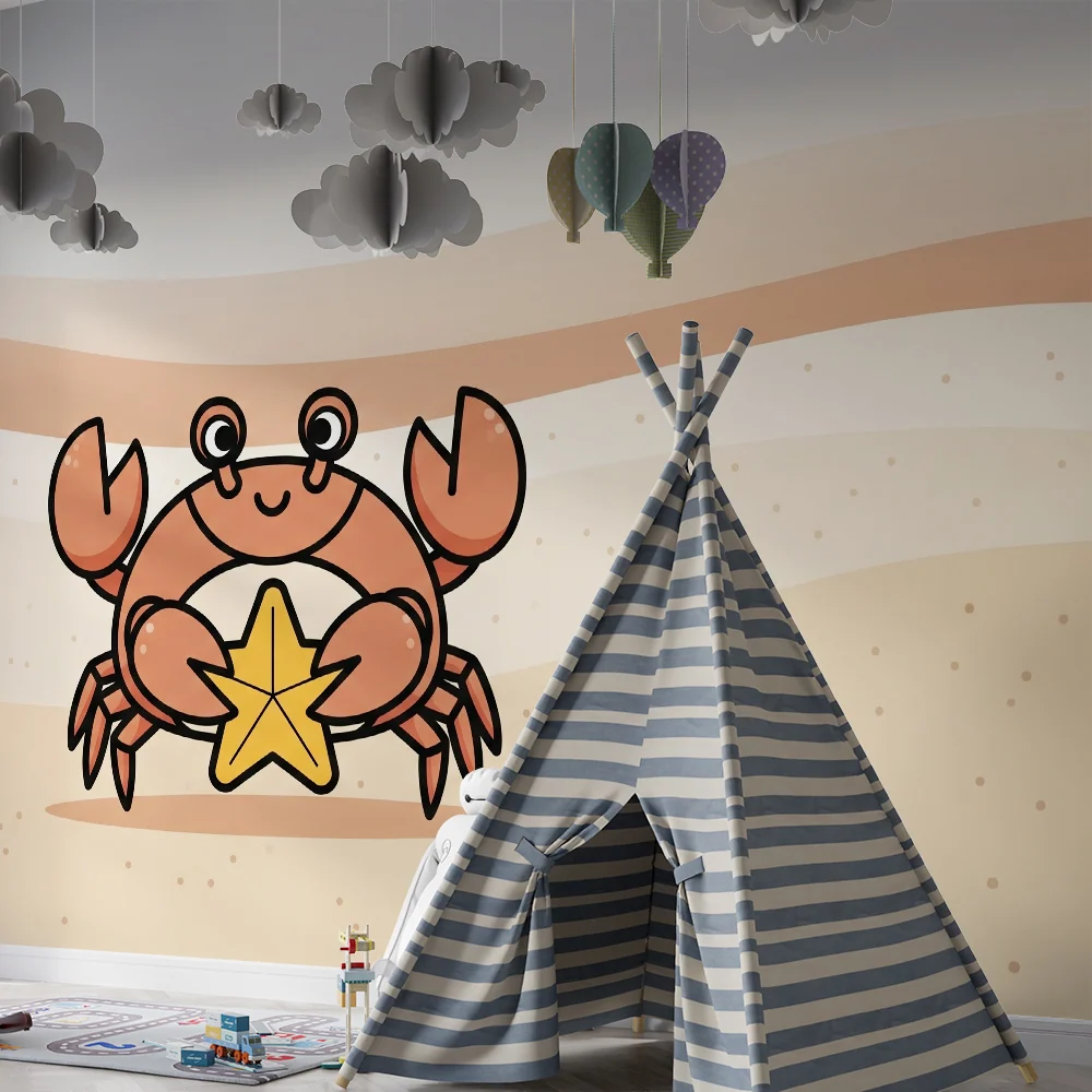 Dětská tapeta | Usmívající se krab s hvězdou mořskou na písku