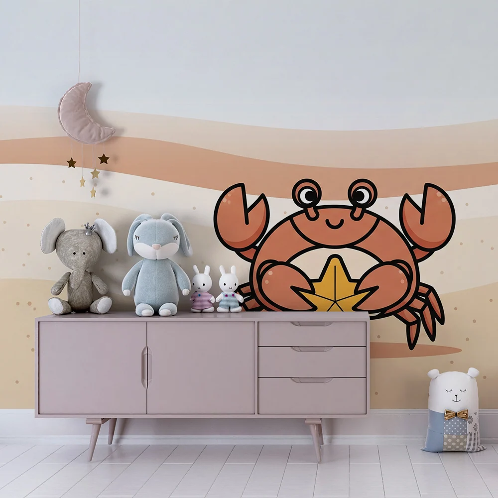 Dětská tapeta | Usmívající se krab s hvězdou mořskou na písku